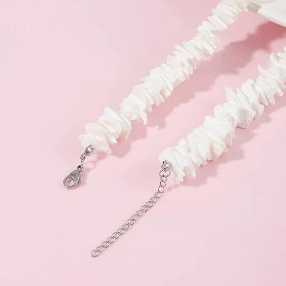 White Puka Shell Necklace, Hawaiian Style Clam Chip Surfer Necklace - Picture 3 of 7